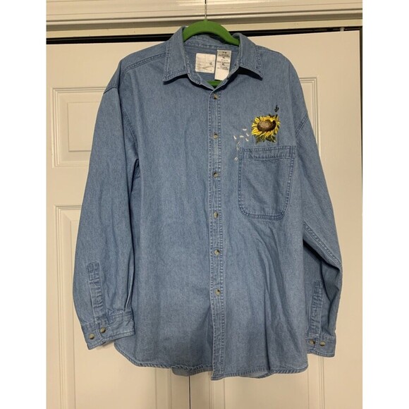 Vintage Marjolein Bastin Sunflower & Bee Embroidered Denim XL Button Down Top - Picture 1 of 7